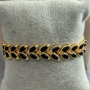 18K Gold Filled Black Onyx Leaf Bracelet| 7” Marquise Link Statement Luxe|NWOT